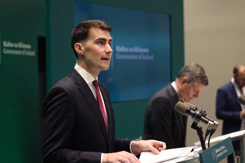 Ministers Jack Chambers and Paschal Donohoe announce details of the revised National Development Plan and the Summer Economic Statement. Photograph: Dara Mac Dónaill