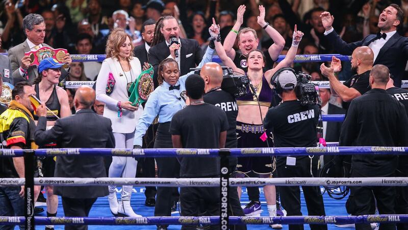Katie Taylor is declared the winner in New York. Photograph: Melina Pizano/Inpho