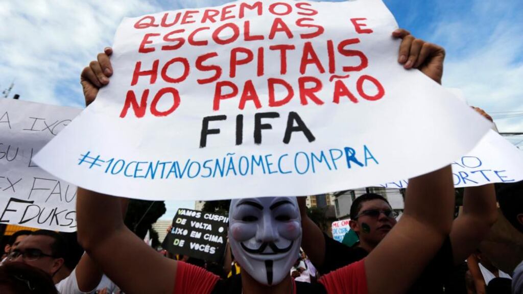 A demonstrator during a protest against the Confederations Cup in Recife City earlier this week. Photograph: Marcos Brindicci/Reuters