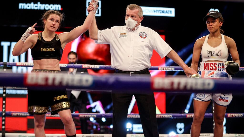 Katie Taylor is declared the winner in the WBC, WBA, IBF and WBO female lightweight title fight. Photo: Dave Thompson/Matchroom Boxing/Inpho