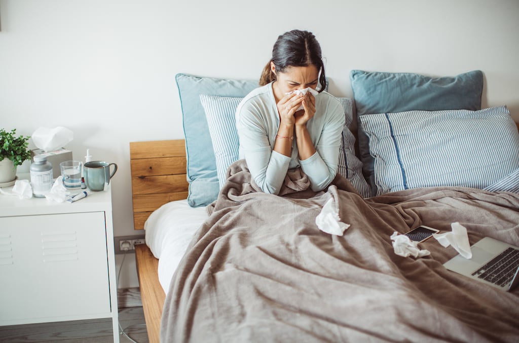Flu symptoms come on very quickly, according to the HSE. They can include a sudden high temperature of 38 degrees or above, aches and pains, feeling tired, a dry cough, sore throat, a headache, as well as difficulty sleeping, loss of appetite and stomach pain. Photograph: iStock