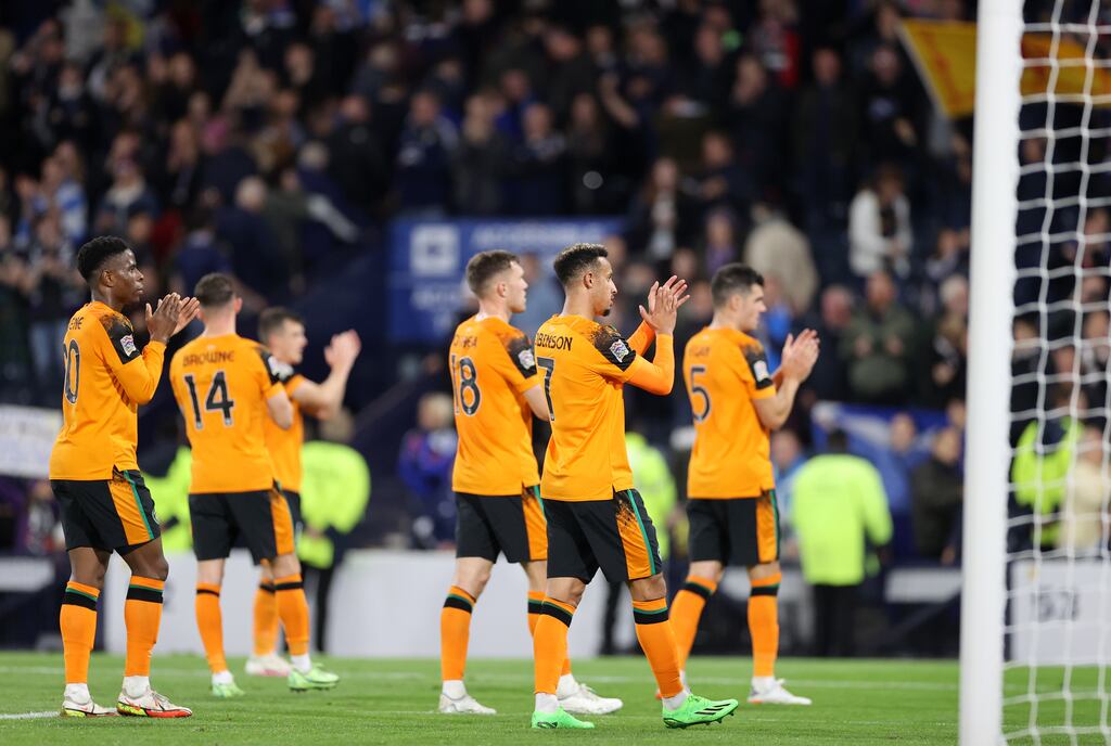 Republic of Ireland's player applaud their fans after defeat in Glasgow. Photograph: Steve Welsh/PA Wire