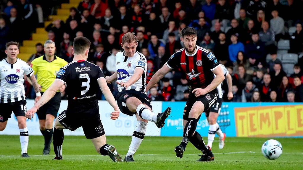 Georgie Kelly scores Dundlak’s opener in their 2-0 win over Bohs. Photograph: Ryan Byrne/Inpho