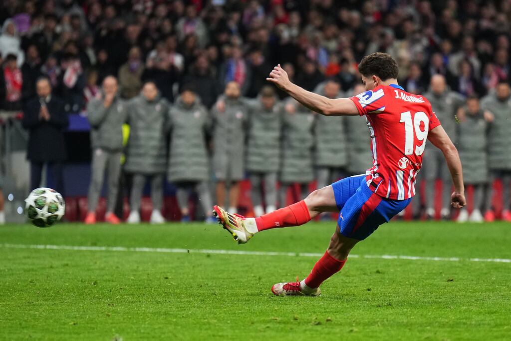 Julian Alvarez of Atletico de Madrid scores his team's second penalty in the penalty shoot out. The goal was later ruled out following a VAR review. Photograph: Angel Martinez/Getty Images