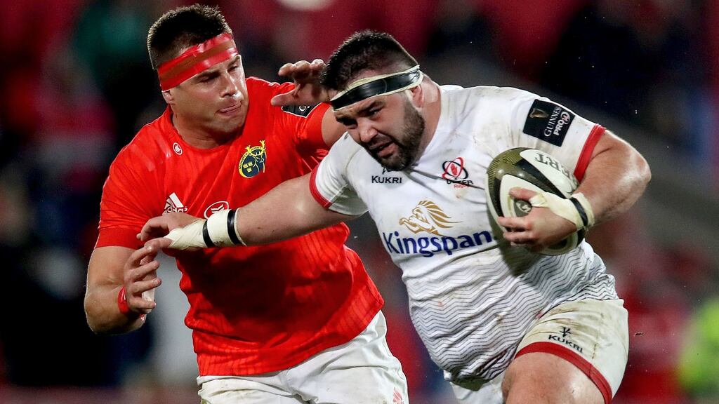 Ulster’s Marty Moore is tackled by Munster’s CJ Stander during the Guinness Pro 14 game in Thomond Park last November. Photograph: Bryan Keane/Inpho
