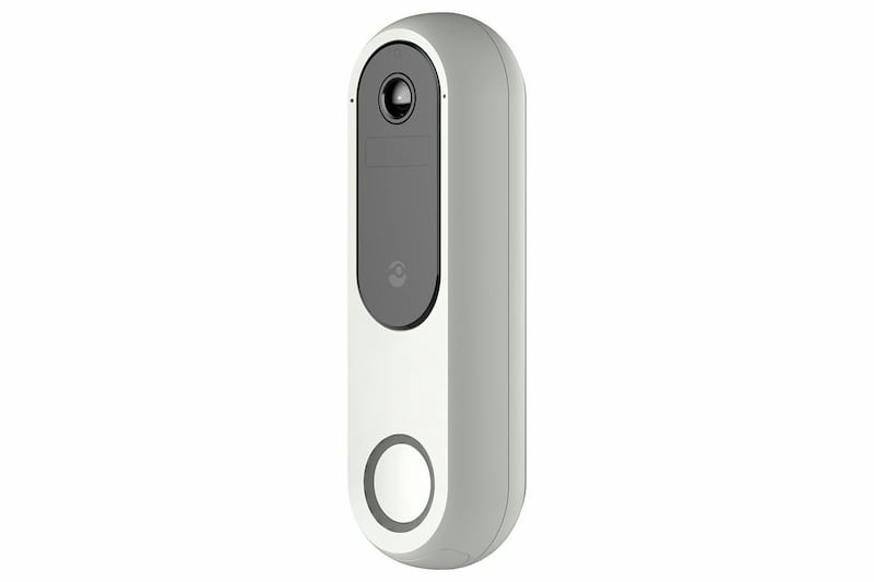 A white and black video doorbell, oblong shaped, with a circular button surrounded by an LED ring