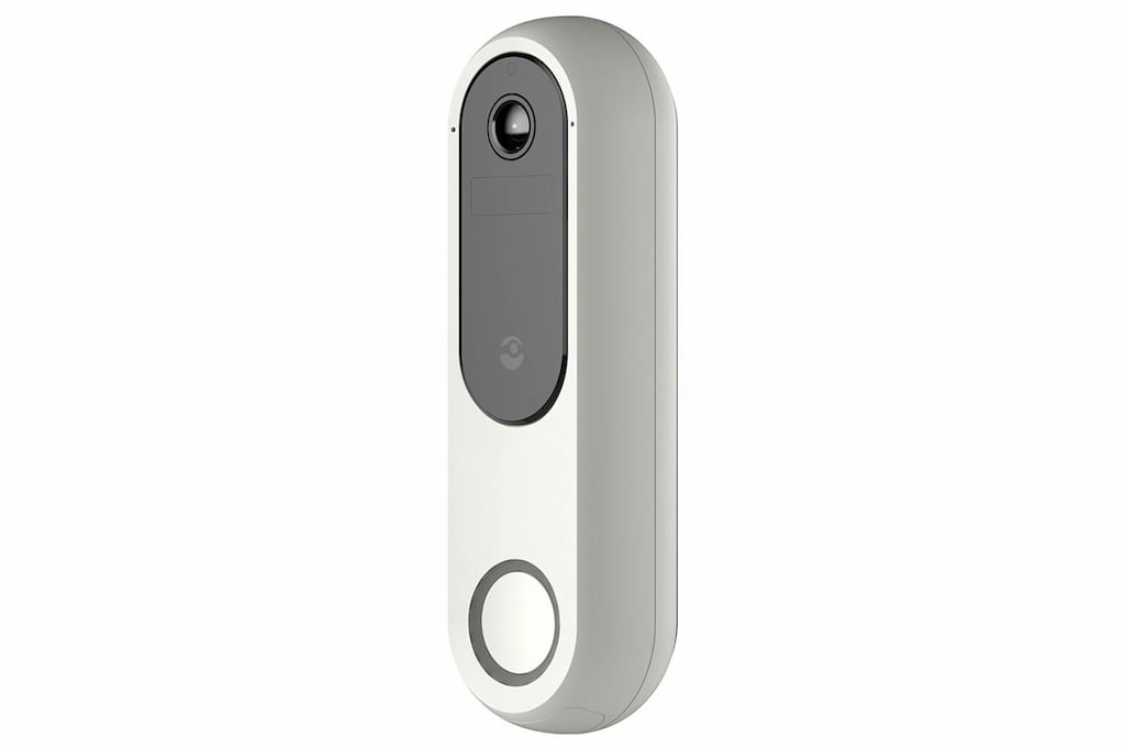 A white and black video doorbell, oblong shaped, with a circular button surrounded by an LED ring