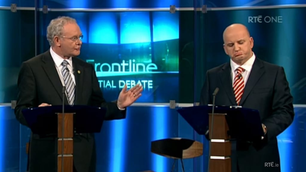 Presidential candidates Sean Gallagher and the late Martin McGuinness on RTE’s The Frontline in 2011.