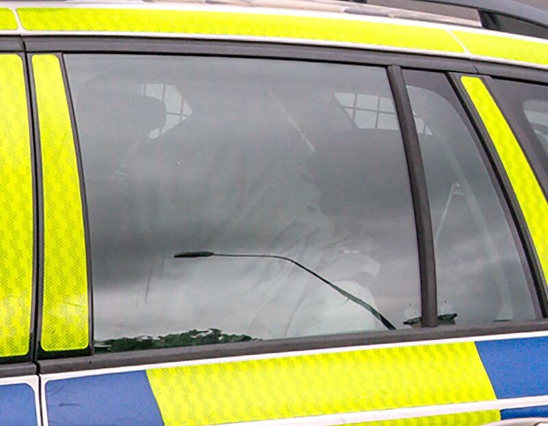 85-year-old Jim Moore as he arrived at Newtownards Magistrates' Court on Tuesday, to be charged with the murder of 81-year-old Patricia 'Patsy' Aust. Photograph: Sarah Harkness/Pacemaker Press