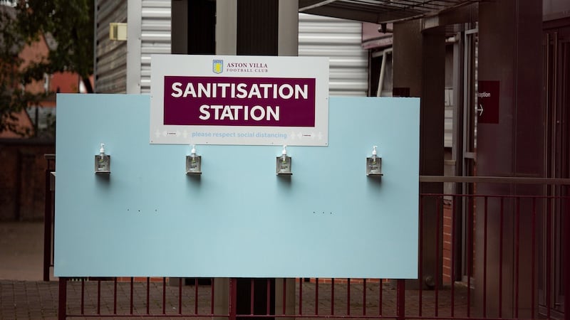 A sanitisation station at Villa Park. Photo: Jacob King/PA Wire
