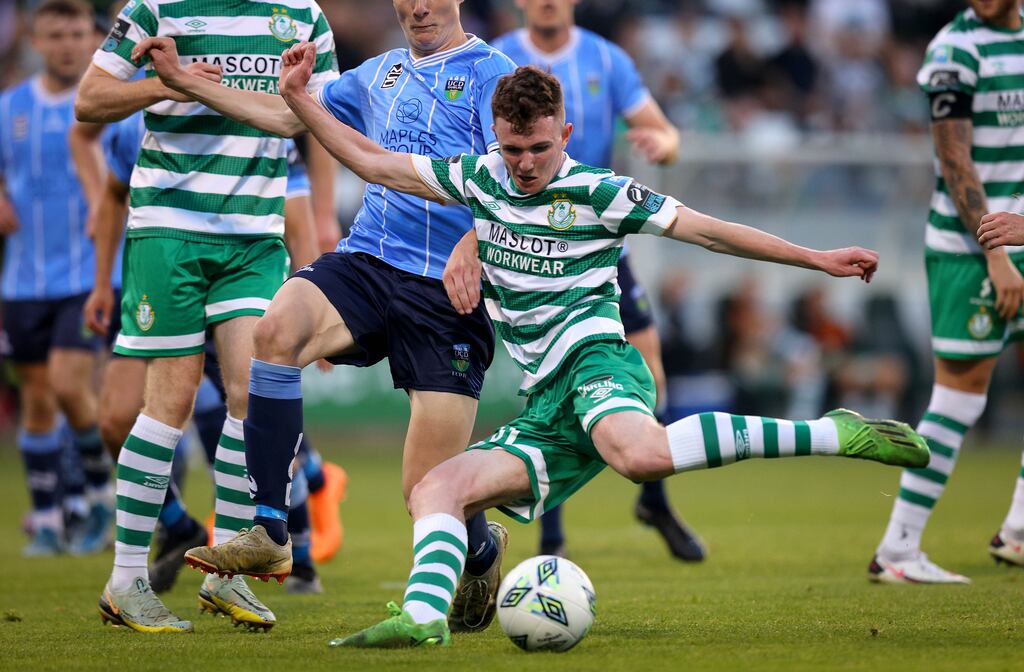 Kieran Cruise scores Shamrock Rovers' fourth goal during the SSE Airtricity League Premier Division game against UCD at Tallaght Stadium. Photograph: Ryan Byrne/Inpho