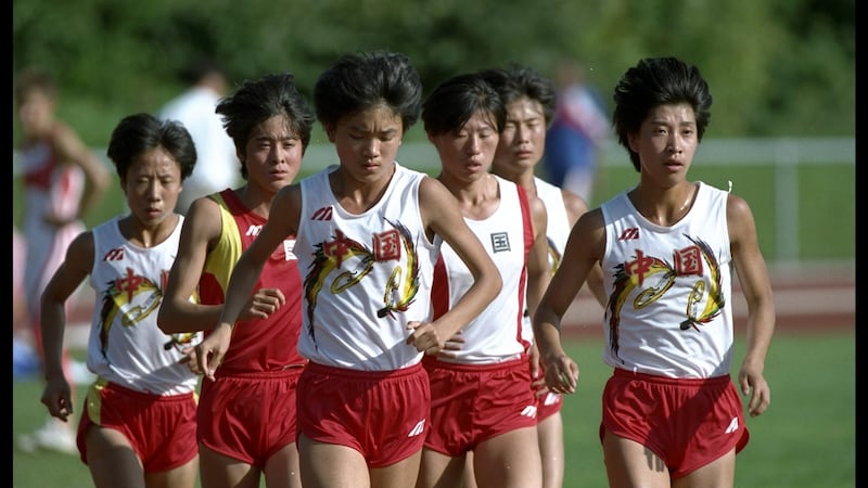 The Chinese womens distance team training aheadof the championships. Photo: Mike Cooper/Allsport UK