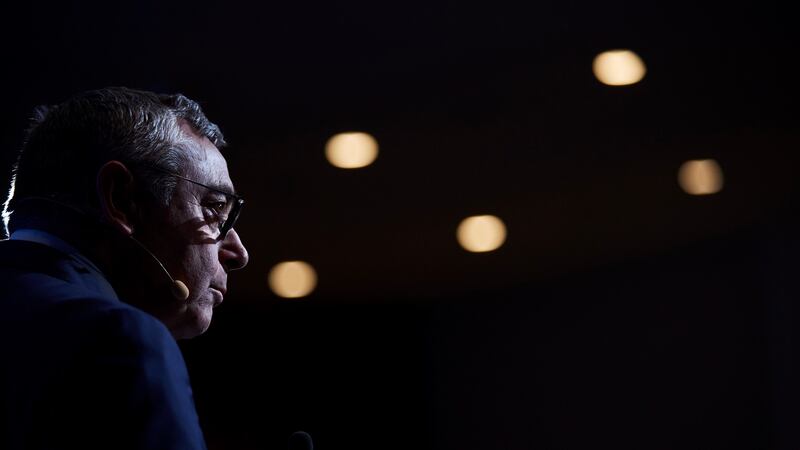 Michael Robinson speaks during the presentation of the initiative ‘Getting into the Game’ in Barcelona last March. Robinson died on Tuesday aged 61. Photo: Alejandro Garcia/EPA