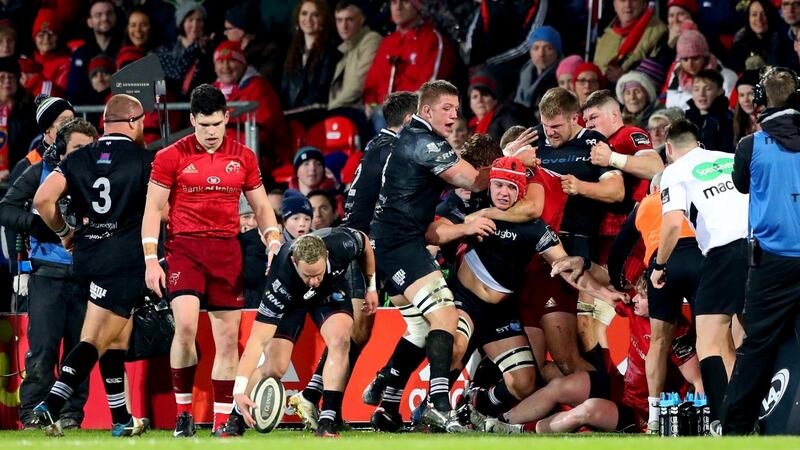 Tempers flare at Musgrave Park. Photograph: James Crombie/Inpho