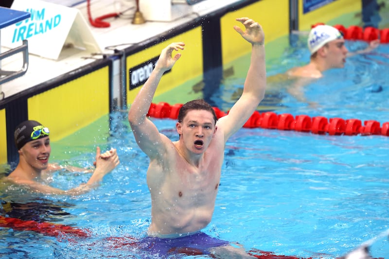 John Shortt celebrates after the mens 100m freestyle semifinals at the Irish Open Championships in Dublin. Photograph: INPHO/ Bryan Keane