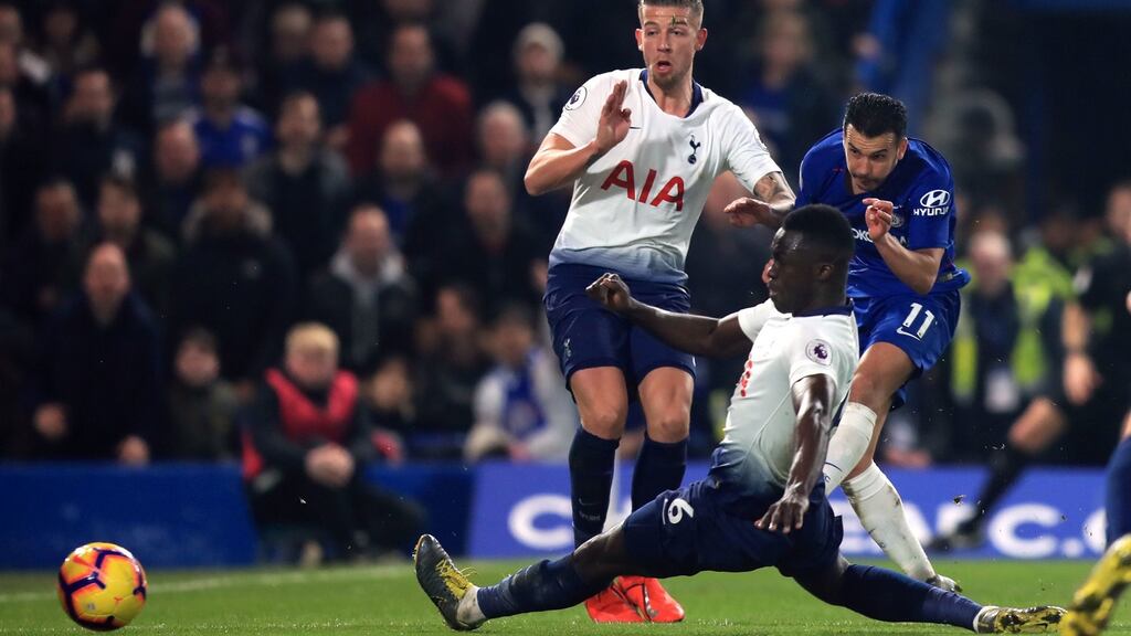 Chelsea’s Pedro scores his side’s first goal during the Premier League match against Chelsea at Stamford Bridge. Photograph: Simon Cooper/PA Wire