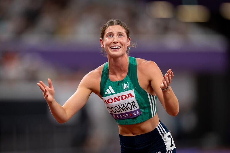 Ireland’s Kate O’Connor realises she has won the silver medal in the women's heptathlon. Photograph: Morgan Treacy/Inpho