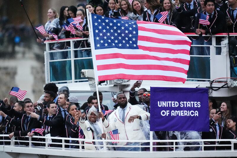 Team United States and flagbearers Coco Gauff and Lebron James during the opening ceremony of the Paris 2024 Olympic Games in France on Friday. Photograph: John Walton/PA Wire
