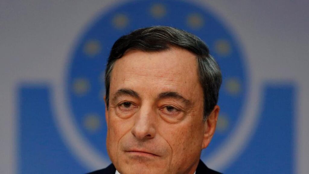 Mario Draghi, president of the European Central Bank, arriving for the ECB’s monthly press conference in Frankfurt, earlier Photograph: Reuters