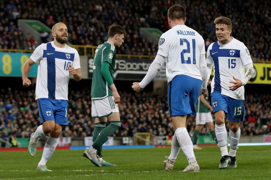 Finland's Benjamin Kallman celebrates with his teammates after scoring at Windsor Park. Photograph: Getty Images