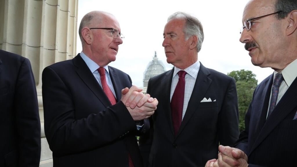 Congressman Richard Neal (centre) and Congressman Eliot Engel (right) greet Minister for Foreign Affairs Charlie Flanagan on his visit to Capitol Hill in September. Photo: Marty Katz