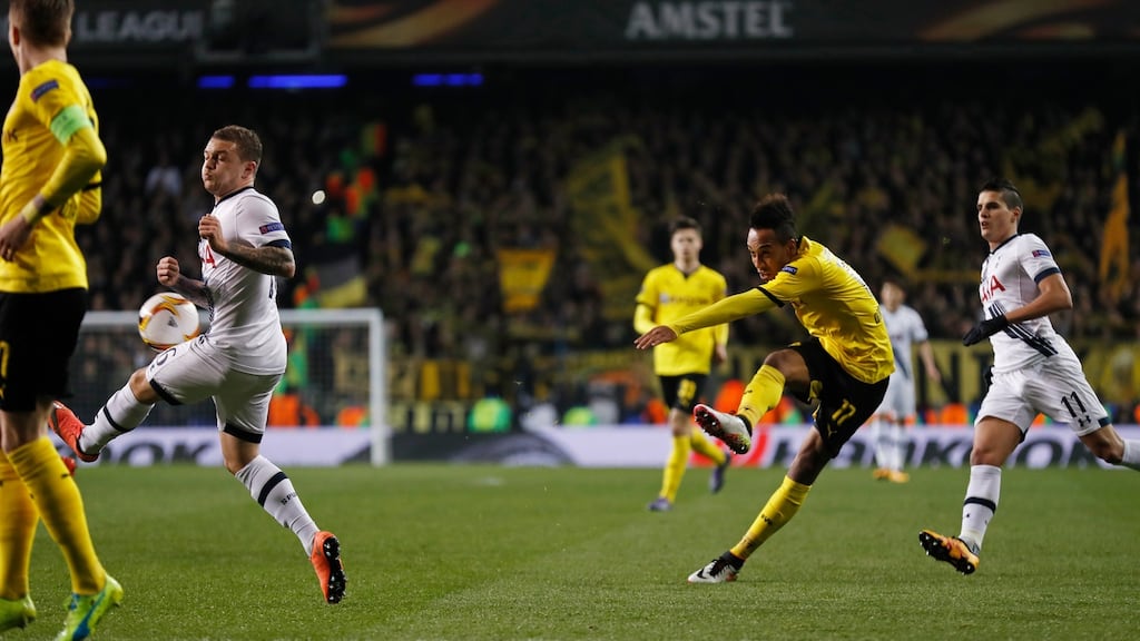 Borussia Dortmund’s Pierre-Emerick Aubameyang scores the first of his goals  during the Europa League second leg against Tottenham Hotspur at White Hart lane. Photograph:  Eddie Keogh/Reuters/Livepic