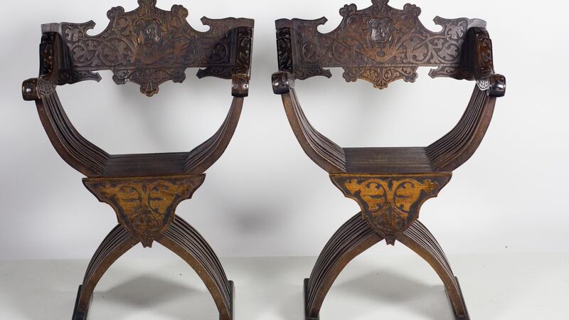 Lot 360, a pair of 19th century X shaped armchairs €150–€200 at Fonsie Mealy