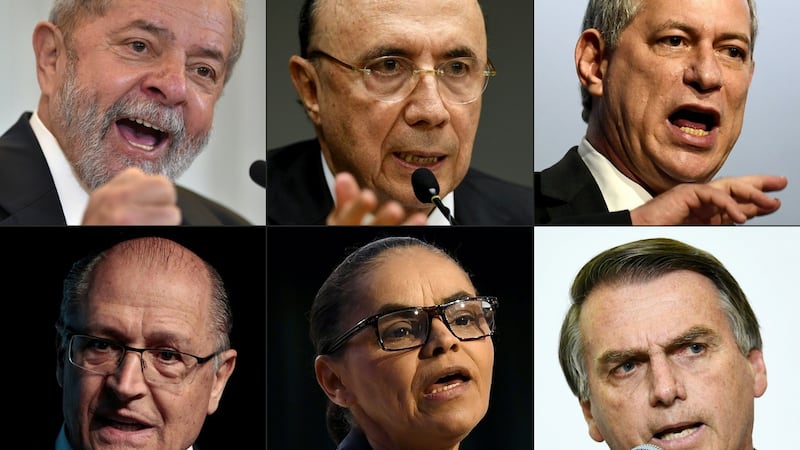 Brazilian presidental candidates for October’s national elections, left to right: Luiz Inacio Lula da Silva, for the Workers Party (PT); Finance Minister Henrique Meirelles for the Brazilian Democratic Movement (MDB); Ciro Gomes, for the Democratic Labour Party (PDT); bottom left to right – Geraldo Alckmin, for the Social Democratic Party (PSDB); Marina Silva, for the REDE Party; and Jair Bolsonaro, for the Social Liberal Party (PSL).