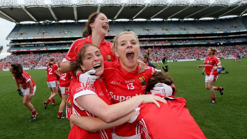 TG4 All Ireland Ladies Senior Football Championship Final, Croke Park, Dublin 28/9/2014 Dublin vs Cork Cork’s Rhona NiBhuachalla and Valerie Mulcahy celebrate at the final whistle Mandatory Credit ©INPHO/Ryan Byrne