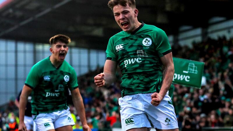 Matthew Devine celebrates scoring Ireland’s sixth try. Photograph: Ben Brady/Inpho