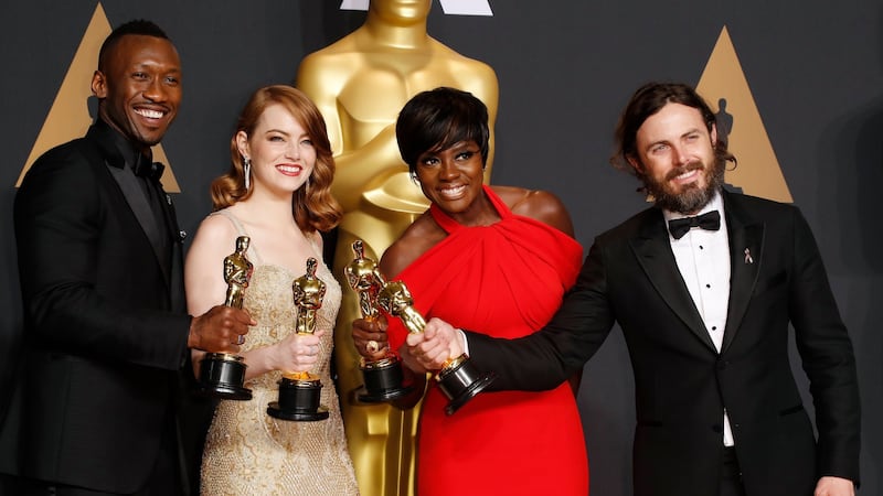 Winners L-R: Mahershala Ali (supporting actor-Moonlight), Emma Stone (best  actress-La La Land), Viola Davis (supporting actress-Fences) and Casey Affleck (best actor-Manchester by the Sea). Photograph: Paul Buck/EPA
