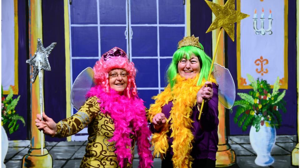 Jean Winston (left) and friend Eileen McGarvey both panto stalwarts photographed at Ramelton Town Hall in Co Donegal. They were both in a 1956 performance of Robin Hood (see previous photo, in which Jean is fourth from left and Eileen seventh from left). Photograph: Bryan O’Brien