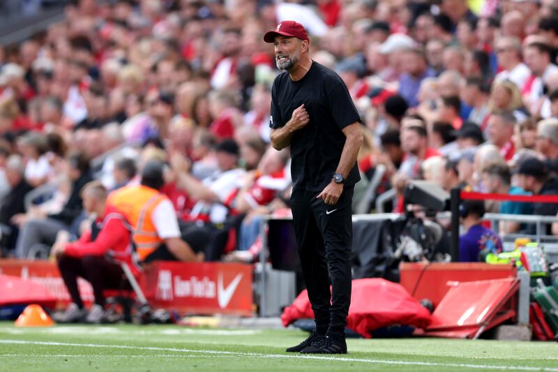 Liverpool manager Jurgen Klopp during the Premier League match between Liverpool and Bournemouth at Anfield on August 19th, 2023. Photograph: George Wood/Getty Images