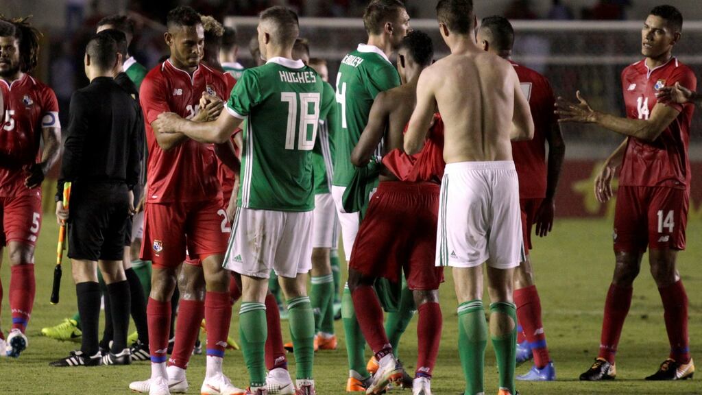 Panama and Northern Ireland players following their 0-0 draw at Rommel Fernandez Stadium, Panama City. Photograph: Carlos Lemos/Reuters