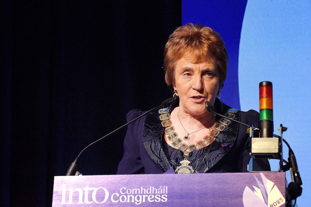 Carmel Browne, president of the Irish National Teachers' Organisation, speaking to delegates at the union's annual congress in Galway. Photograph: Moya Nolan