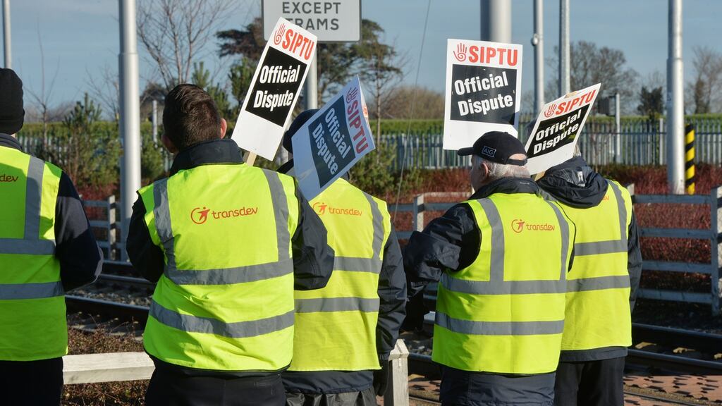 Striking Luas drivers at the Sandyford depot. File photograph: Alan Betson/The Irish Times.