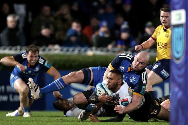 DHL Stormers' Suleiman Hartzenberg is tackled by Rhys Ruddock of Leinster during the URC clash at the RDS. Photograph: Laszlo Geczo