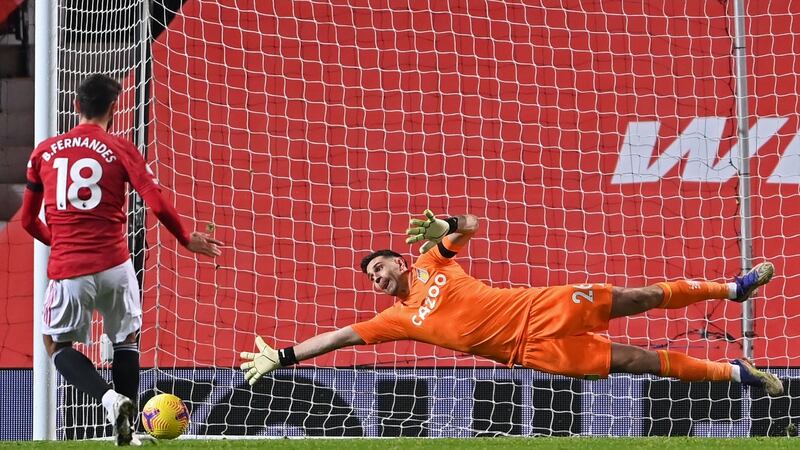 Bruno Fernandes scores Manchester United’s winner against Aston Villa. Photograph: Laurence Griffiths/Getty/AFP