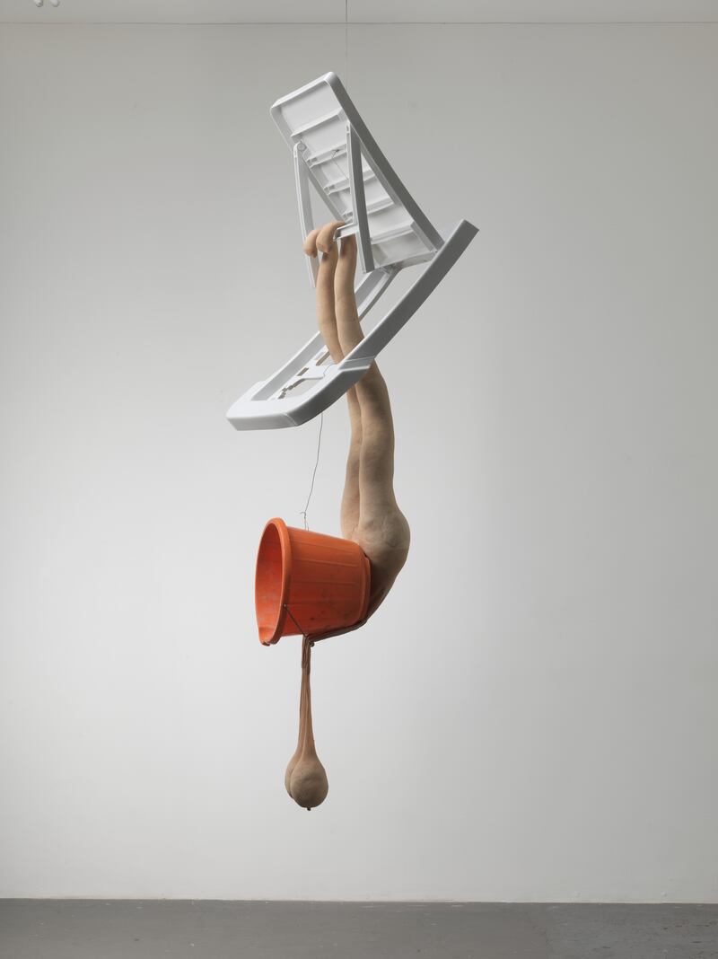 Kunstkammer: Sarah Lucas,
Loungers #1, 2011, tights, fluff, plastic bucket (orange), plastic lounger