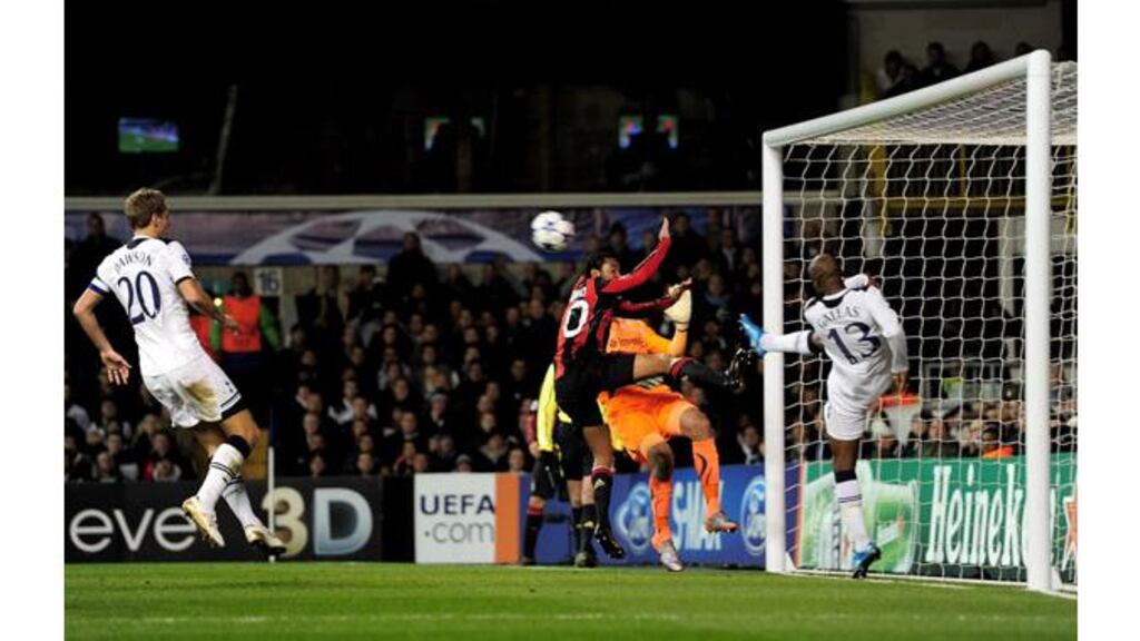 William Gallas (right) of Tottenham clears the effort of Robinho of Milan off the line during the Uefa Champions match at White Hart Lane. - (Photograph: Jamie McDonald/Getty Images)