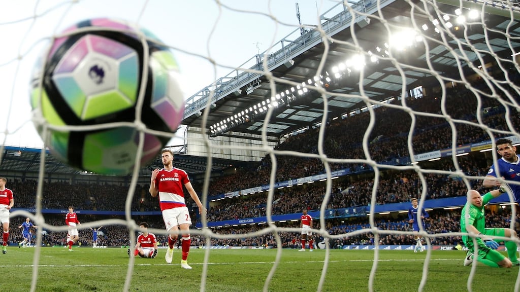 Chelsea’s Diego Costa scores his team’s first goal at Stamford Bridge on Monday night. Photograph: Reuters