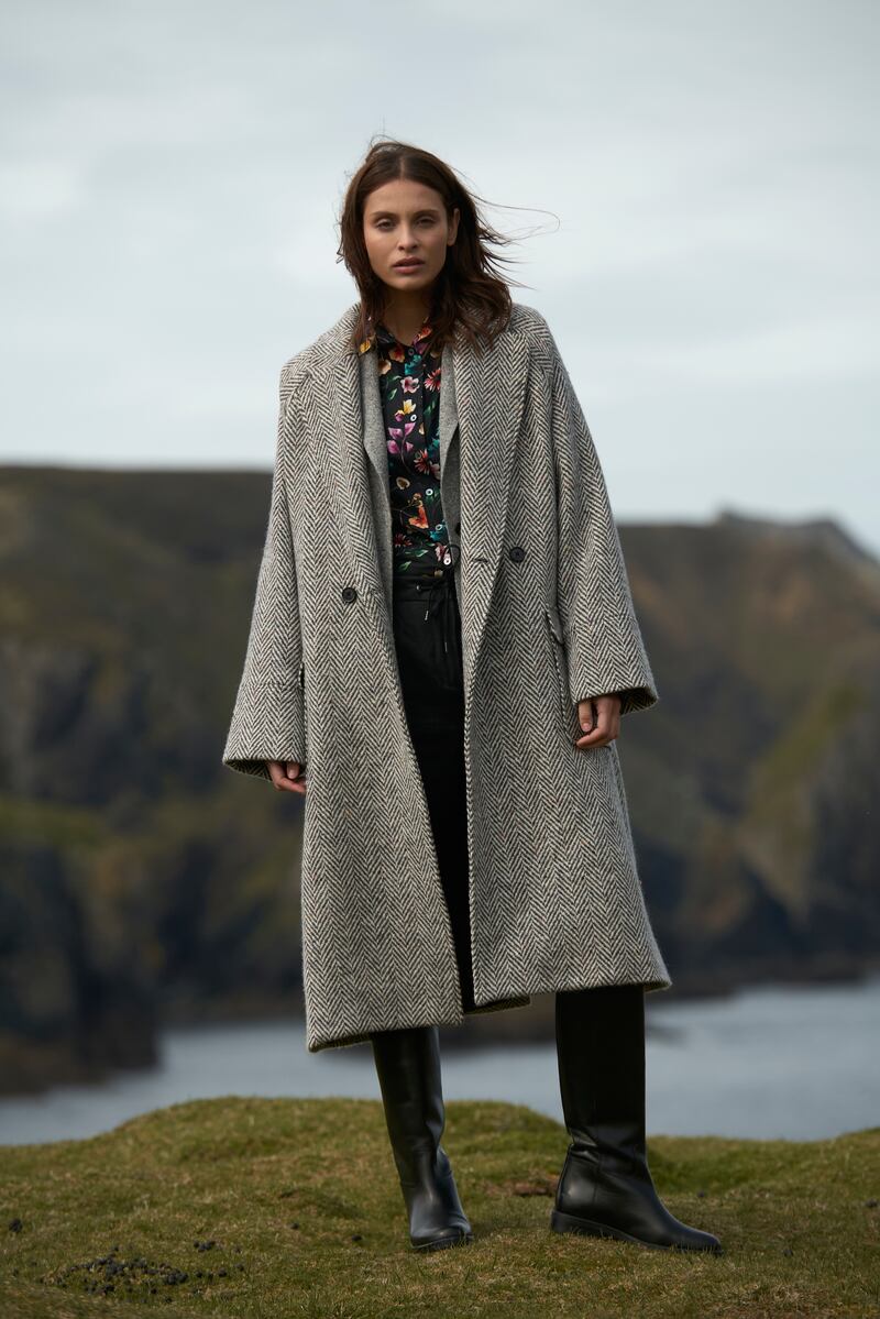 Magee 1866 Sophie coat, €825. Made in Liberty fabrics floral Hannah shirt, €139