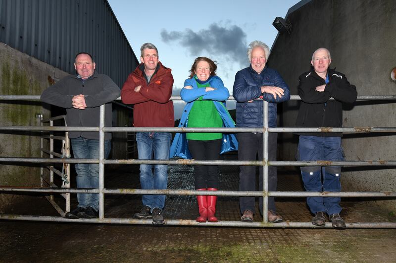 Artist Lisa Fingleton meets members of the West Kerry Dairy Farmers: Dinny Galvin, Michael Dowd, Lisa Fingleton, Colm Murphy, Michael Kelliher. Photograph: Manuela Dei Grandi