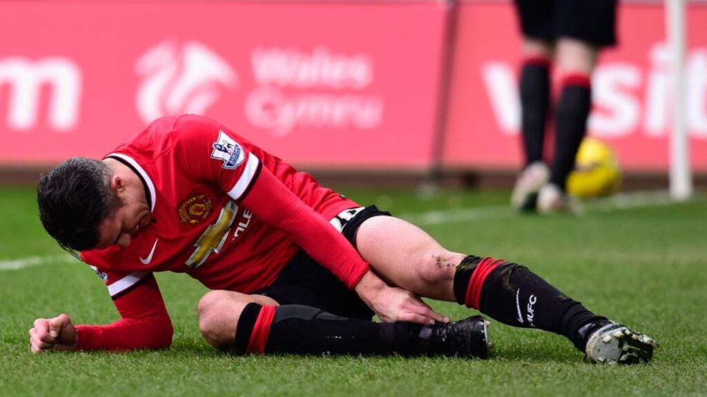 Robin van Persie will miss Manchester United’s Premier League clash against Sunderland at Old Trafford with the ankle injury he picked up in last weekend’s defeat to Swansea. Photograph: Stu Forster/Getty Images