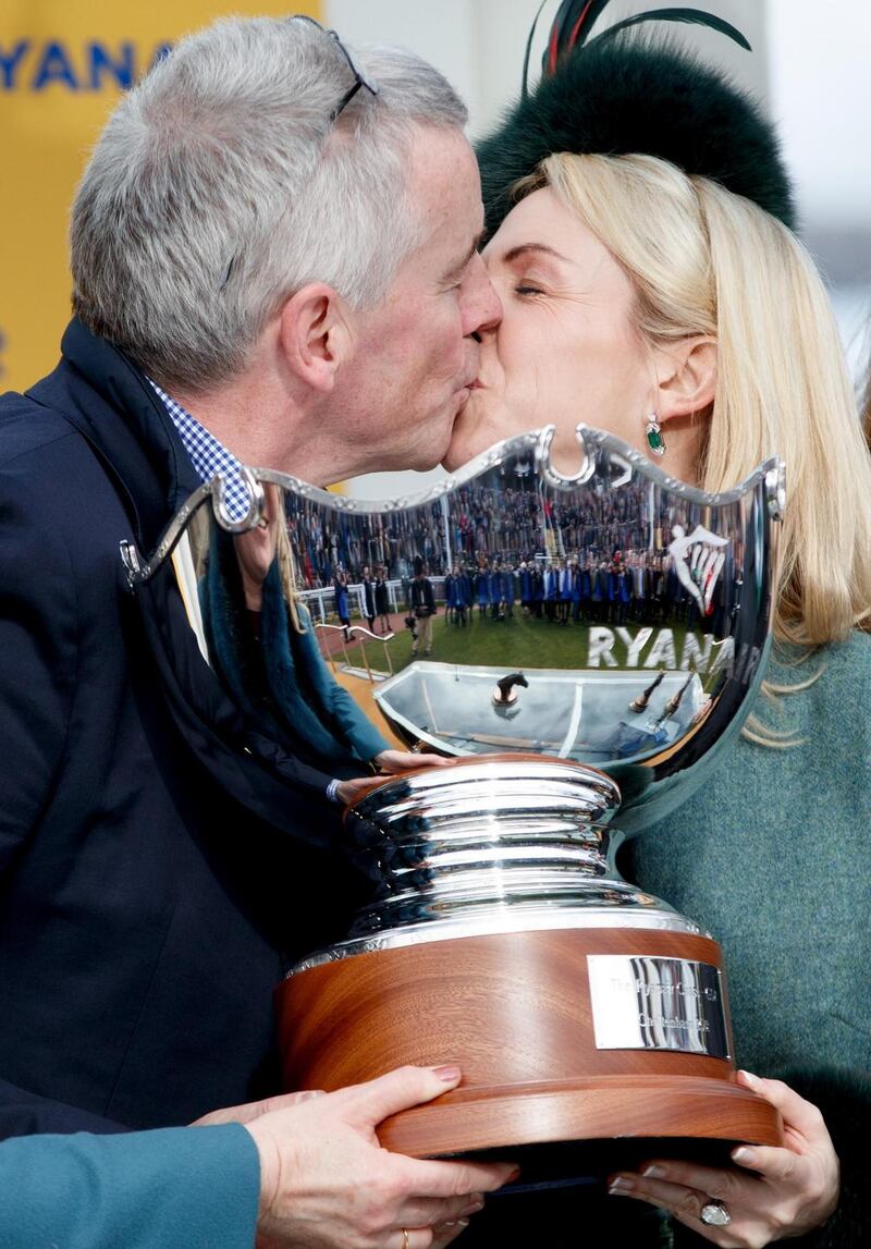 Ryanair boss Michael O’Leary celebrates with his wife Anita after the win by Balko Des Flos. Photograph: James Crombie/Inpho
