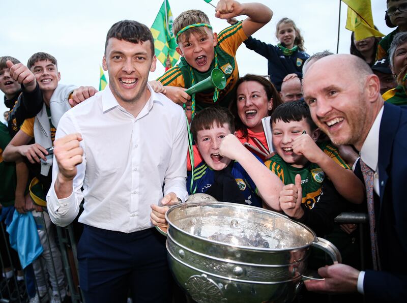 David Clifford is greeted by happy fans as he arrives with the Sam Maguire Cup in Tralee, Co Kerry. Photograph: Tom Maher/Inpho