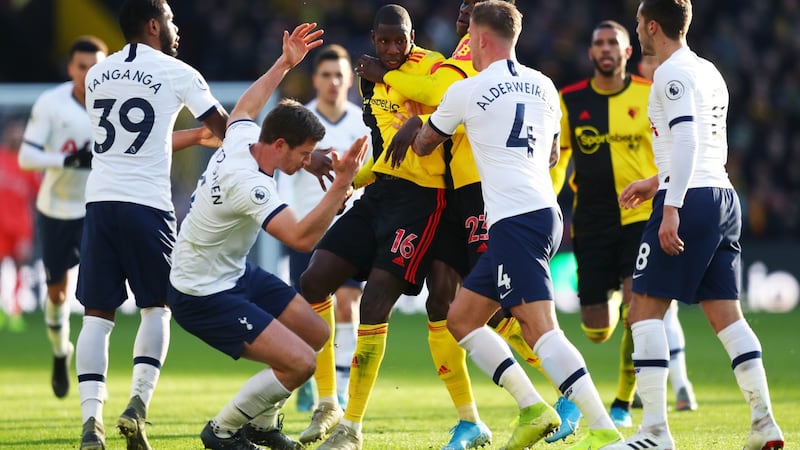 Tempers flare between Abdoulaye Doucoure and Jan Vertonghen. Photograph: Catherine Ivill/Getty