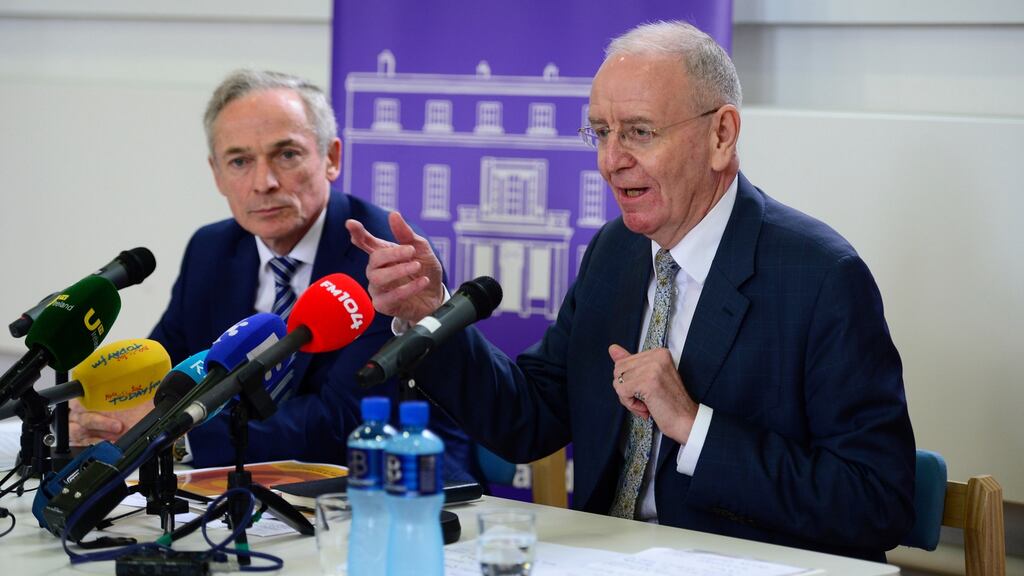 Minister for Education  Richard Bruton (left) and   Peter Cassells, chairman of the Expert Group on Future funding for Higher Education at DIT on Monday. Photograph: Cyril Byrne/The Irish Times
