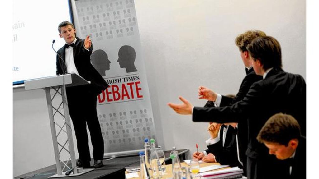 Eoin O'Liathain (TCD Phil) opens the Irish Times Debate. photograph: pacemaker