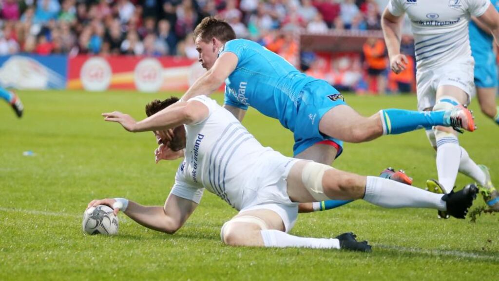Leinster’s Jack Conan scores a try against Ulster during their pre-season friendly at Kinsgpan Stadium, Belfast. Photograph: Inpho